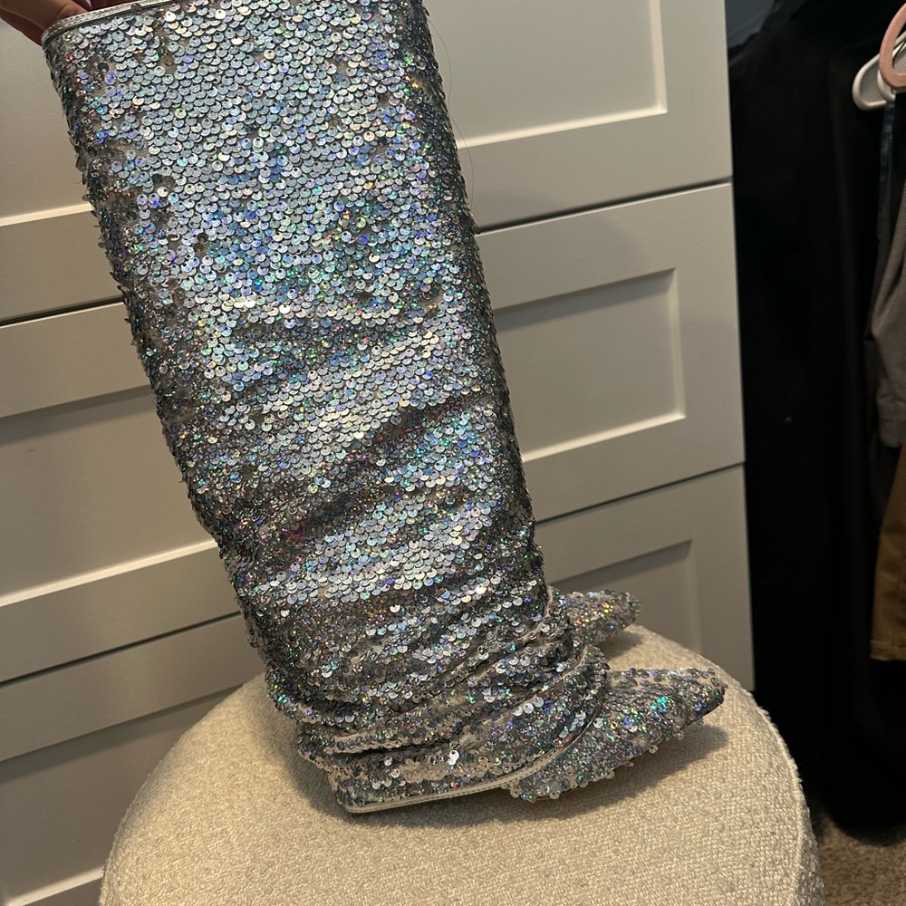 AKIRA Glittering Silver Sequin Heeled Boots